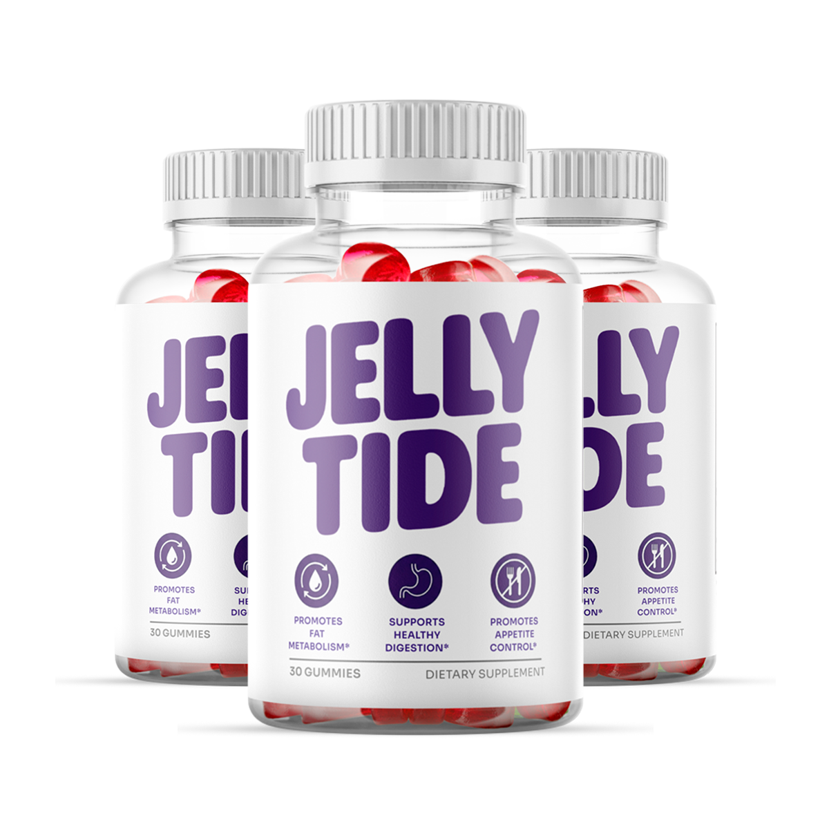 Three bottles of JellyTide metabolism and energy support gummys